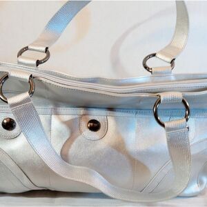 Large Faux Leather Silver Metallic Top Handle Tote Bag